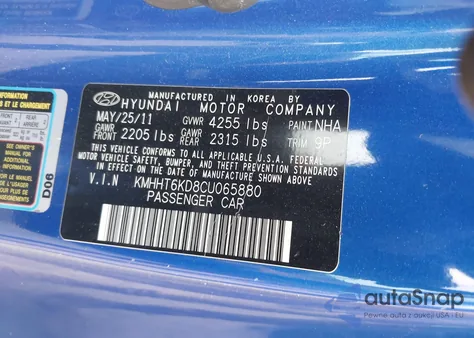 2012 Hyundai Genesis 2.0T z USA, uszkodzony, nr VIN KMHHT6KD8CU065880